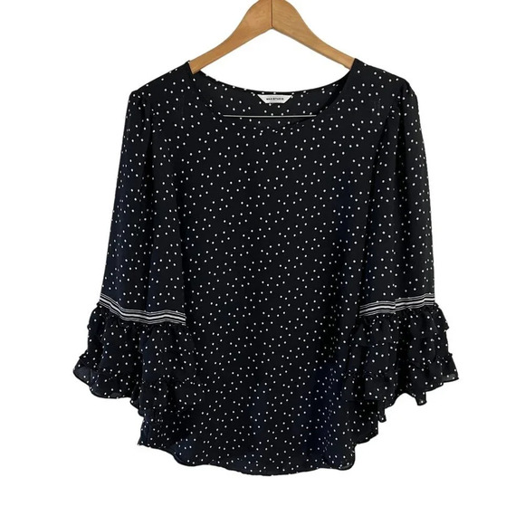 Max Studio Black White Polka Dot Blouse 3/4 Ruffled Sleeves Sheer Lightweight - Picture 1 of 4
